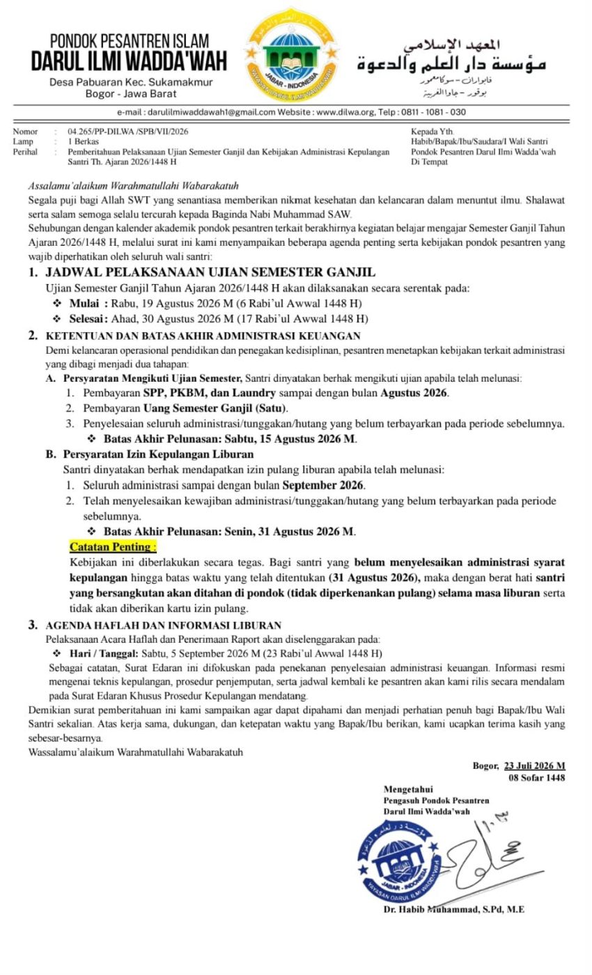 Jadwal Pelaksanaan Ujian Semester Ganjil